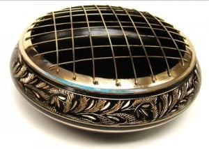 Charcoal Burner - Extra Large Black Carved Brass Screen 6" w/ Wood Coaster
