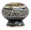 Metal Burner - Charcoal Burner - Black Carved Brass Screen 2.5" w/ Wood Coaster